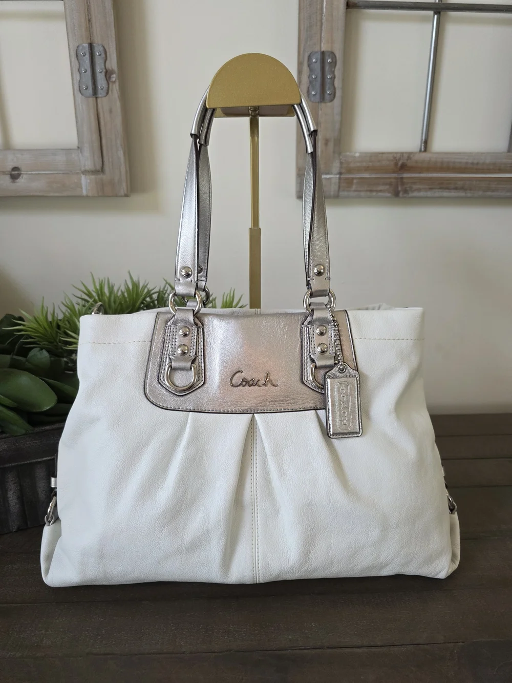 Coach White Leather Tote with Silver Accents